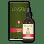 Brown glass bottle with dropper next to a green HERGEN R1 detoxifying lotion box on a white background.