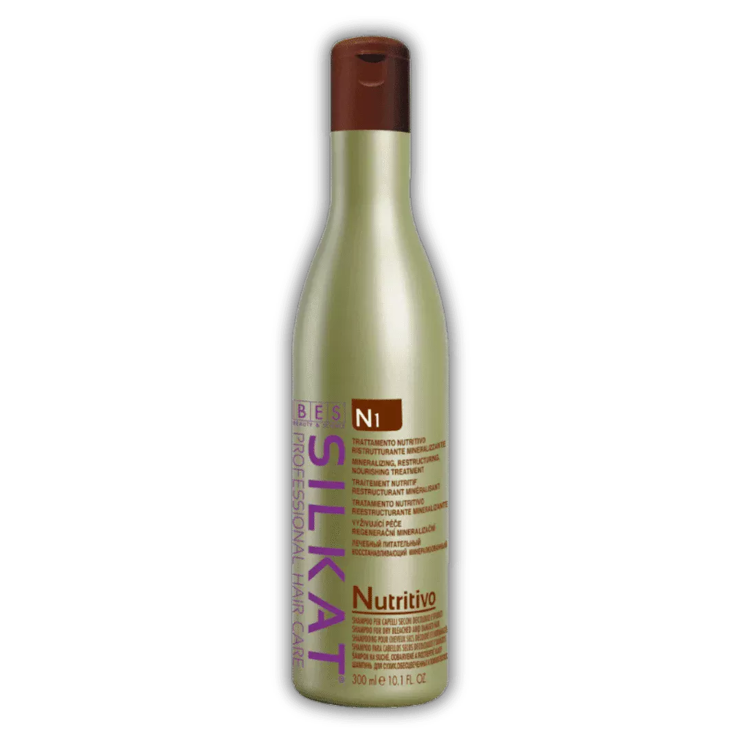 Bottle of Silkat N1 professional hair care shampoo, beige bottle with brown cap, 300 ml